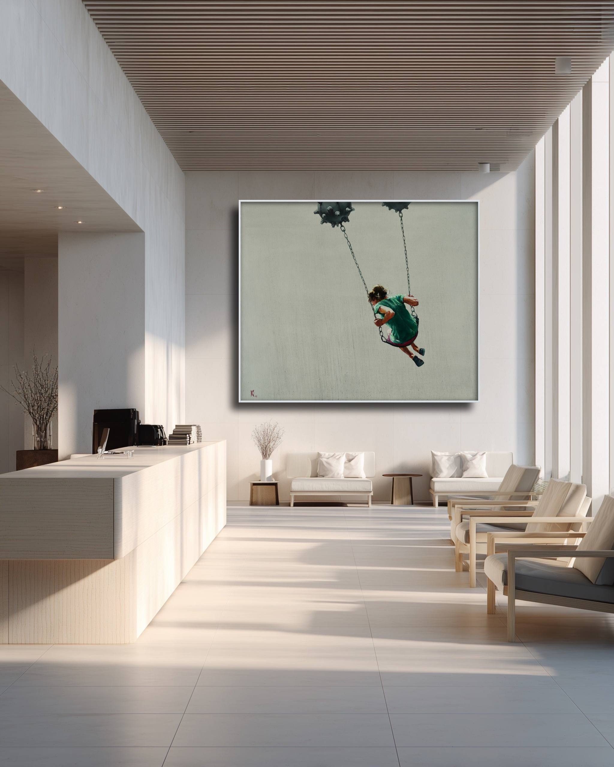 Modern interior with a large wall art piece depicting a person on a swing.