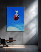 Painting of a teddy bear on a red balloon against a blue sky in an office setting.
