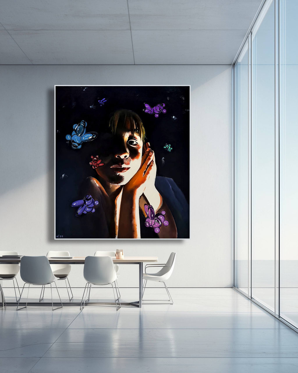 Modern interior with a large painting of a woman with butterflies on a wall.