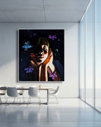 Modern interior with a large painting of a woman with butterflies on a wall.