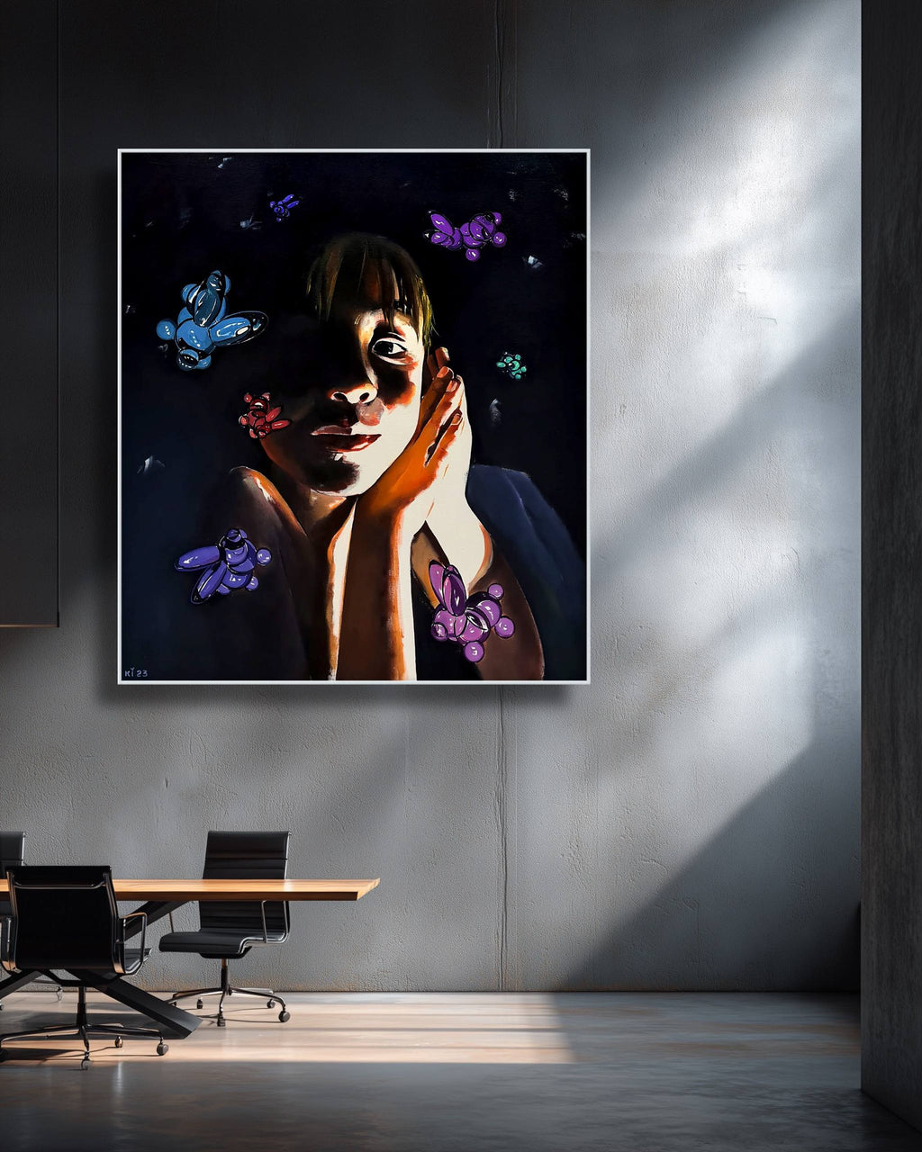 Artistic depiction of a person with butterflies and flowers in a modern room.