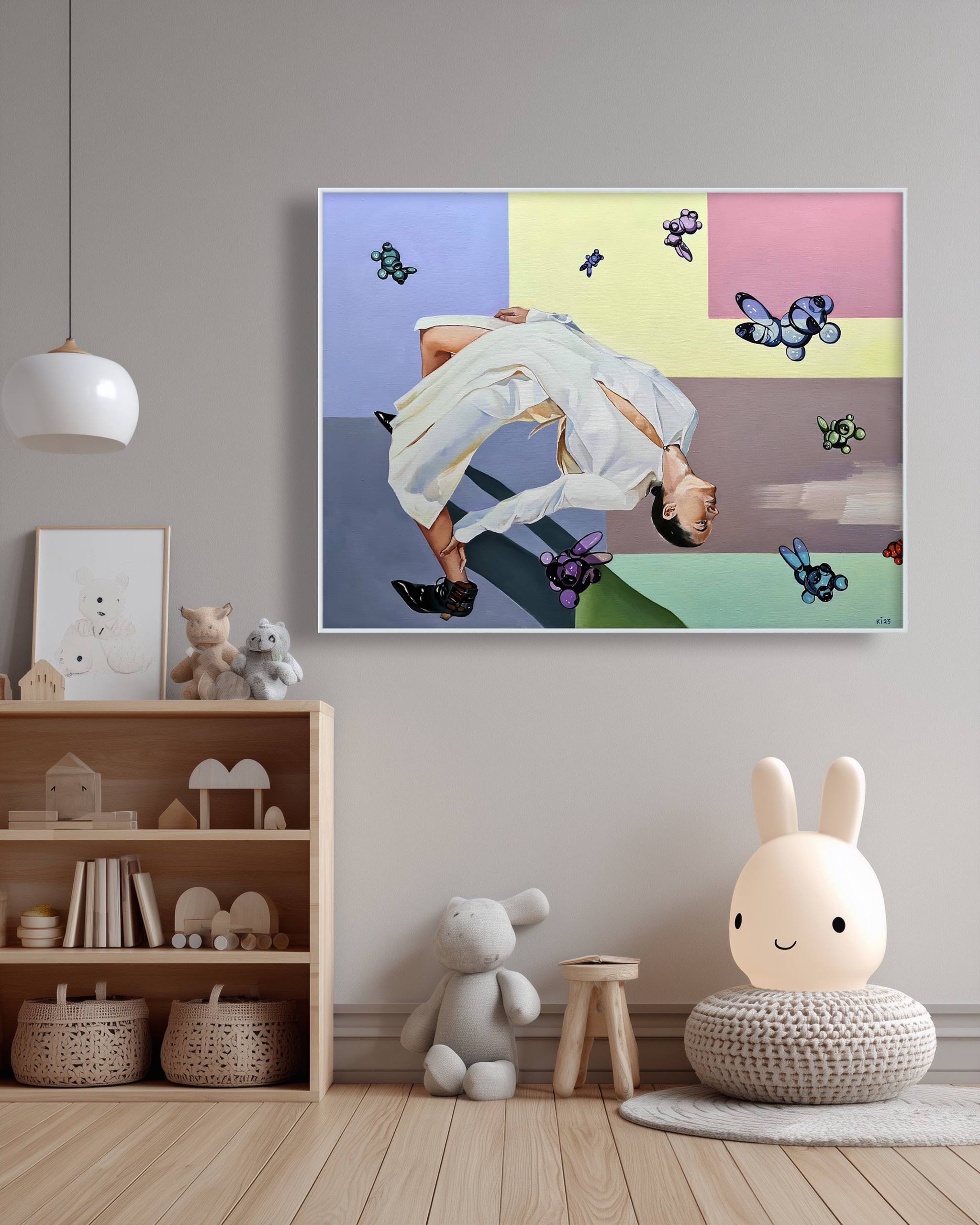 Framed artwork with a colorful abstract design of a woman and butterflies in a child's room.