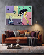 Modern living room with a colorful abstract painting on the wall above a brown sofa.