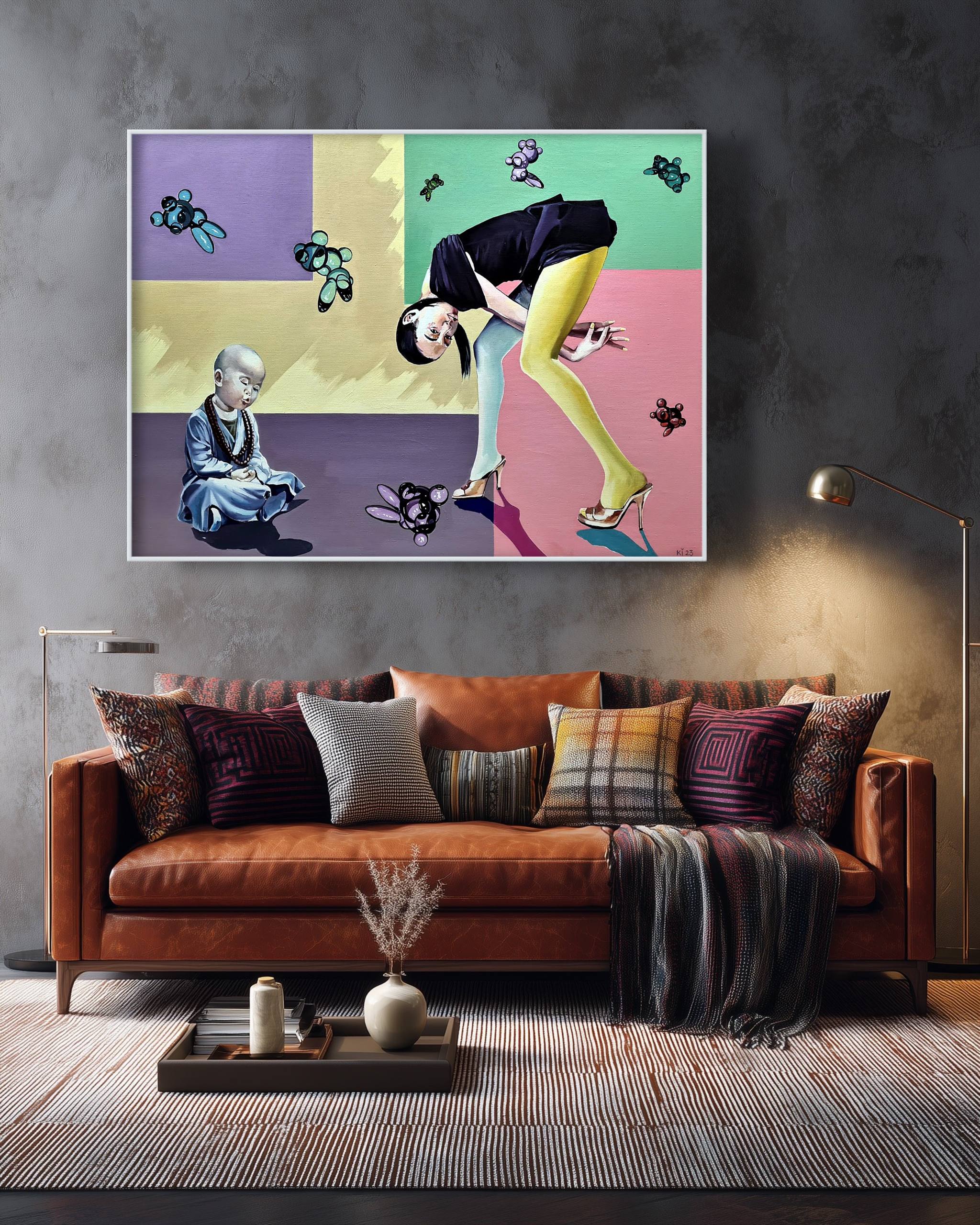 Modern living room with a colorful abstract painting on the wall above a brown sofa.