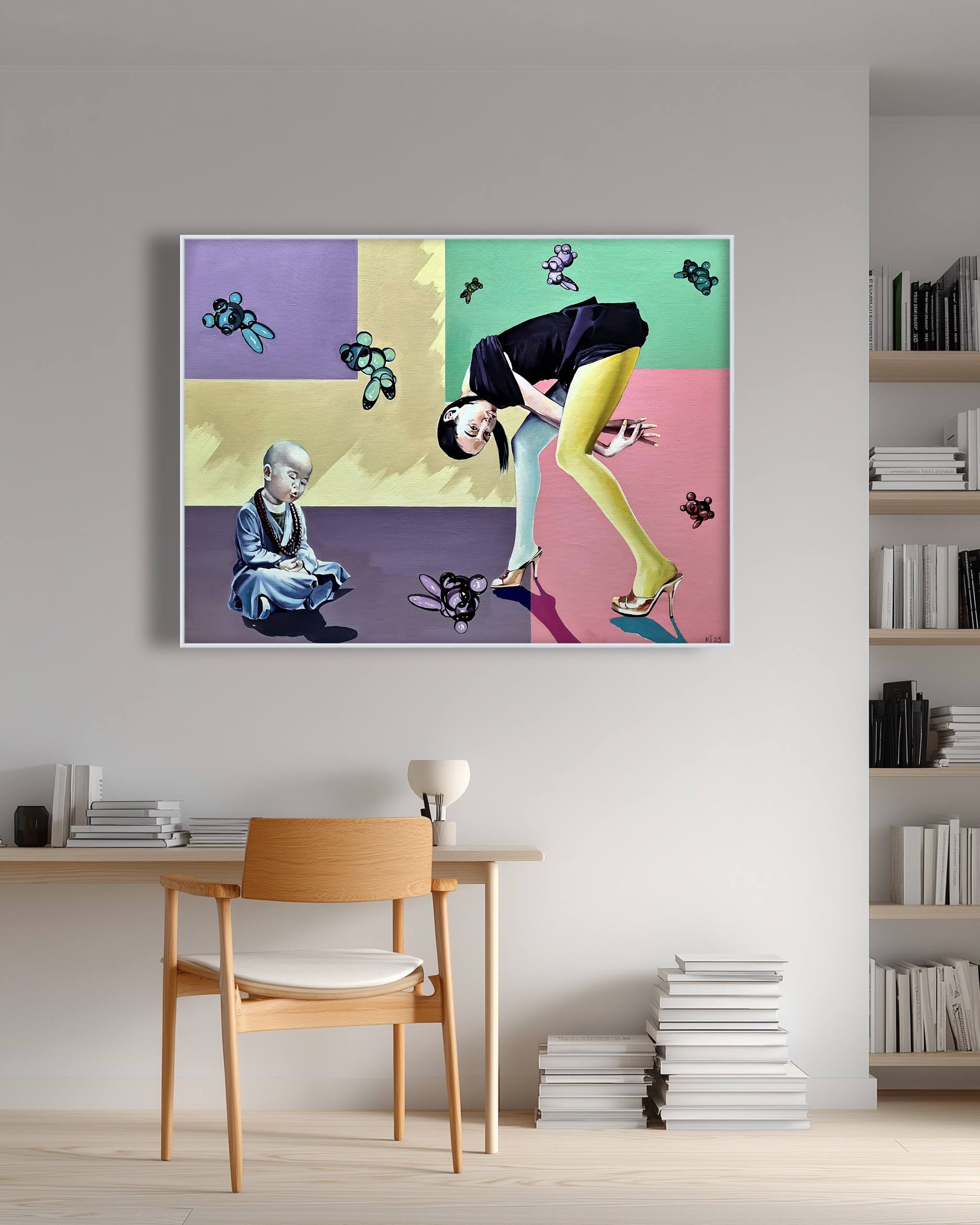 Colorful abstract painting of two people and butterflies on a wall in a room with a desk and books.
