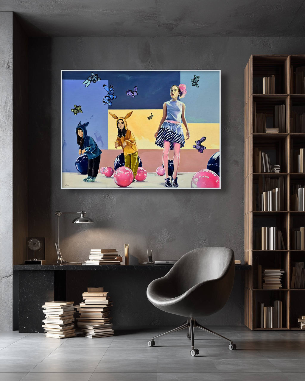 Modern interior with a colorful painting of four people on a wall, a dark chair, and a bookshelf.