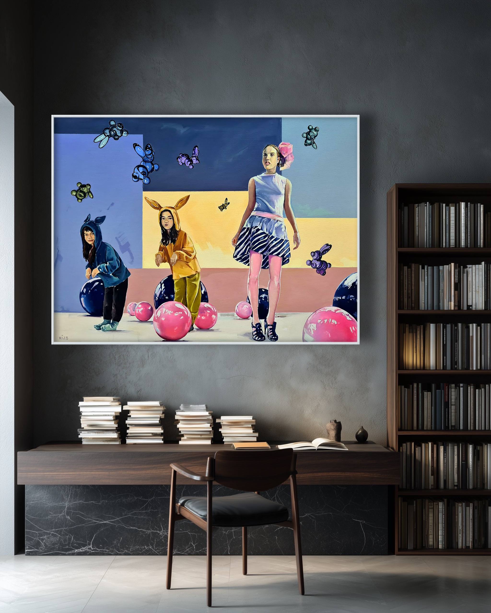 Colorful artwork of three people with animals on a wall above a desk.