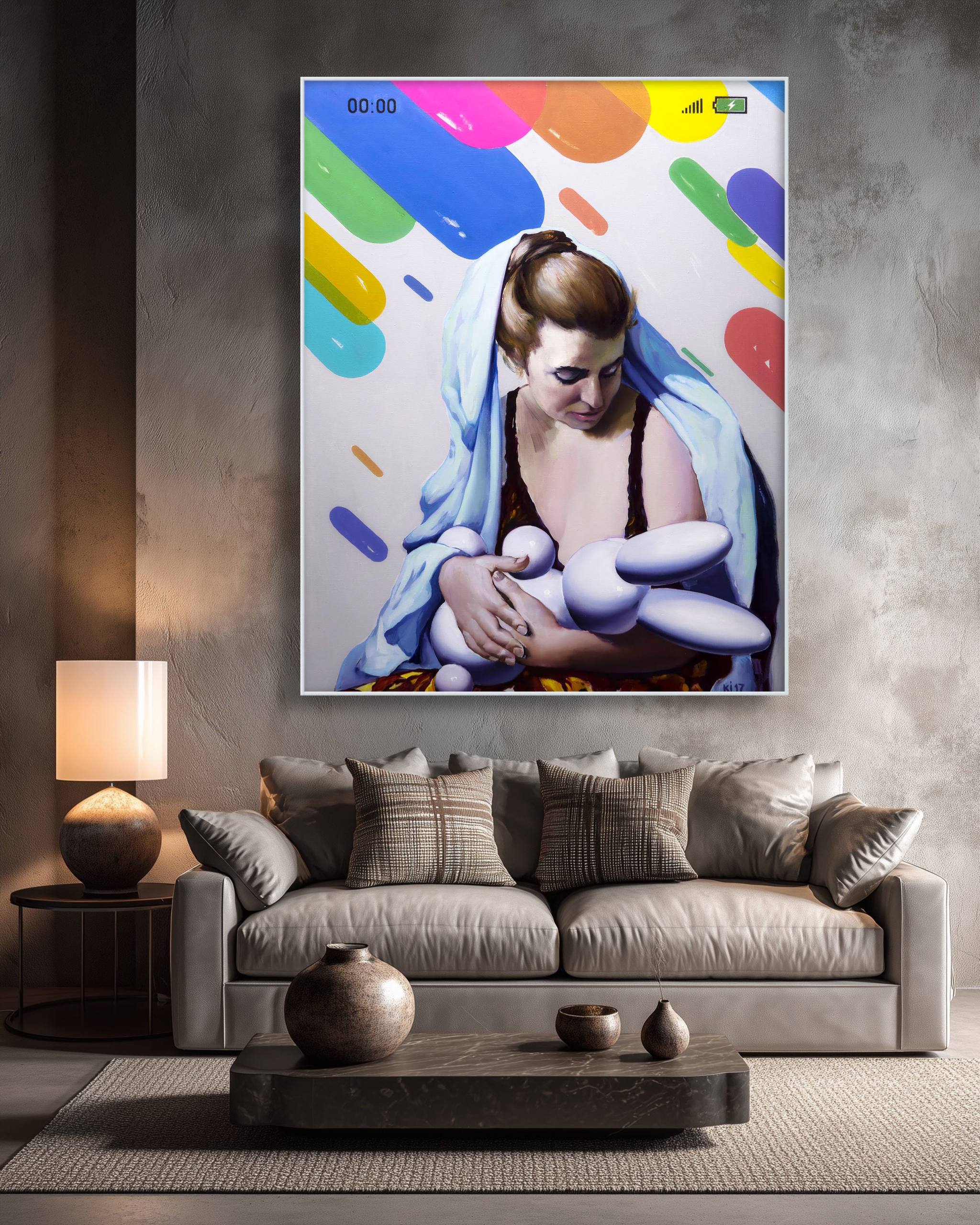 Modern living room with a colorful abstract painting of a woman holding a baby on the wall.