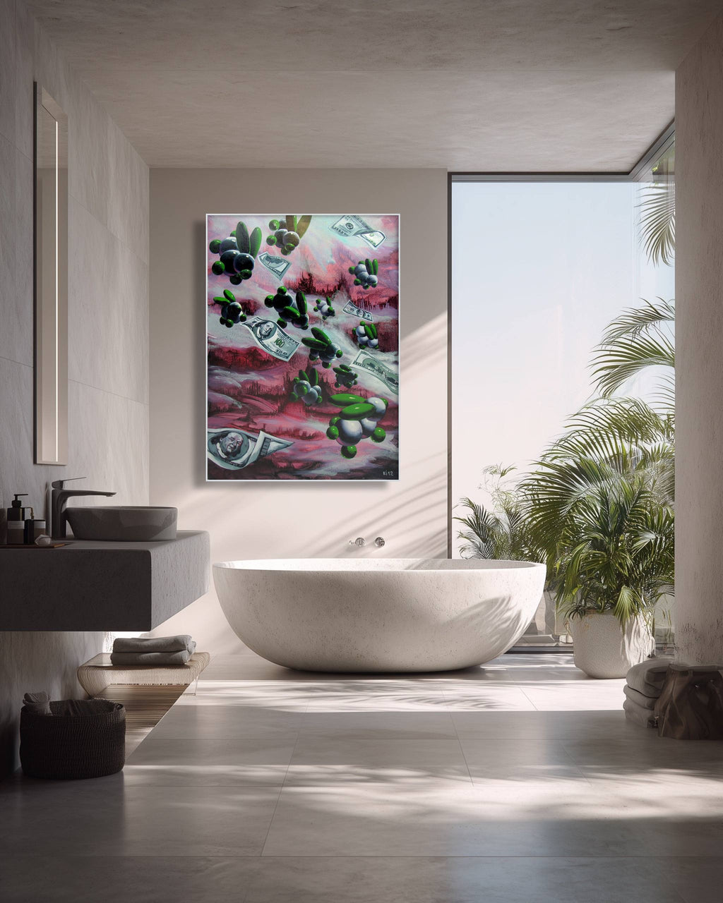 Modern bathroom with a large abstract painting on the wall, a freestanding bathtub, and a window with plants outside.