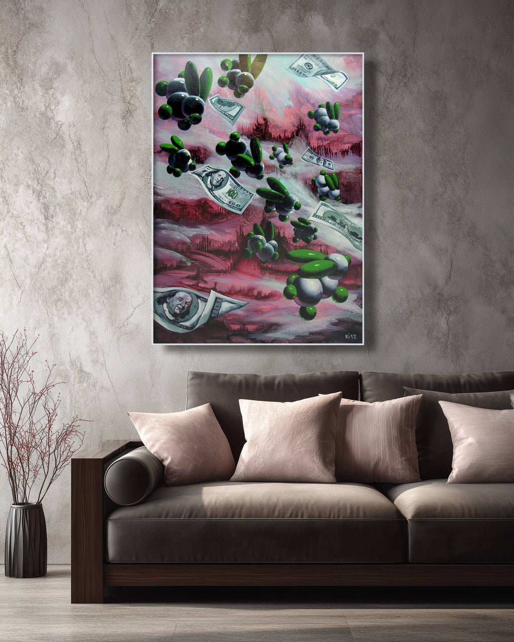 Abstract painting of money and cacti on a wall above a sofa.