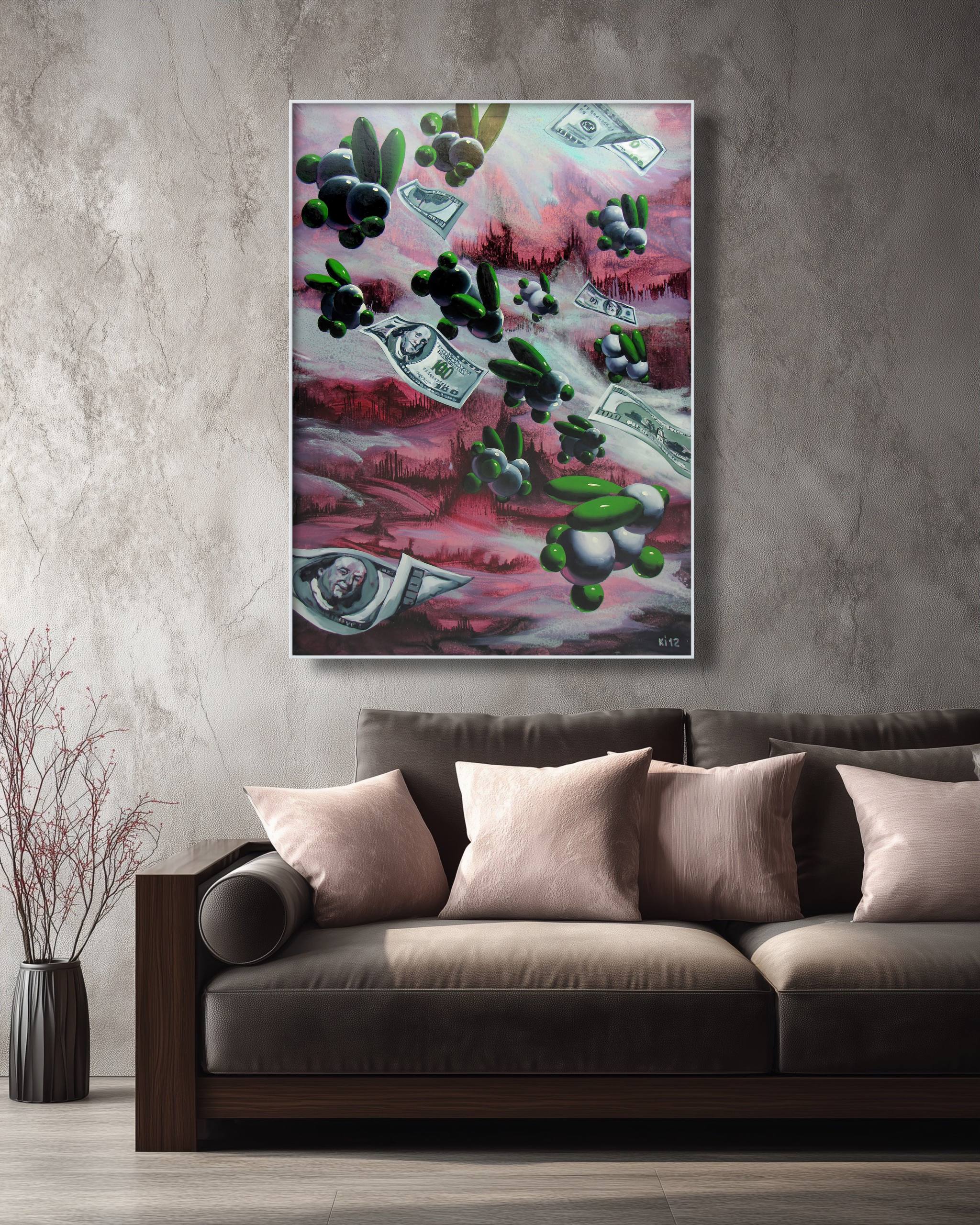 Abstract painting of money and cacti on a wall above a sofa.