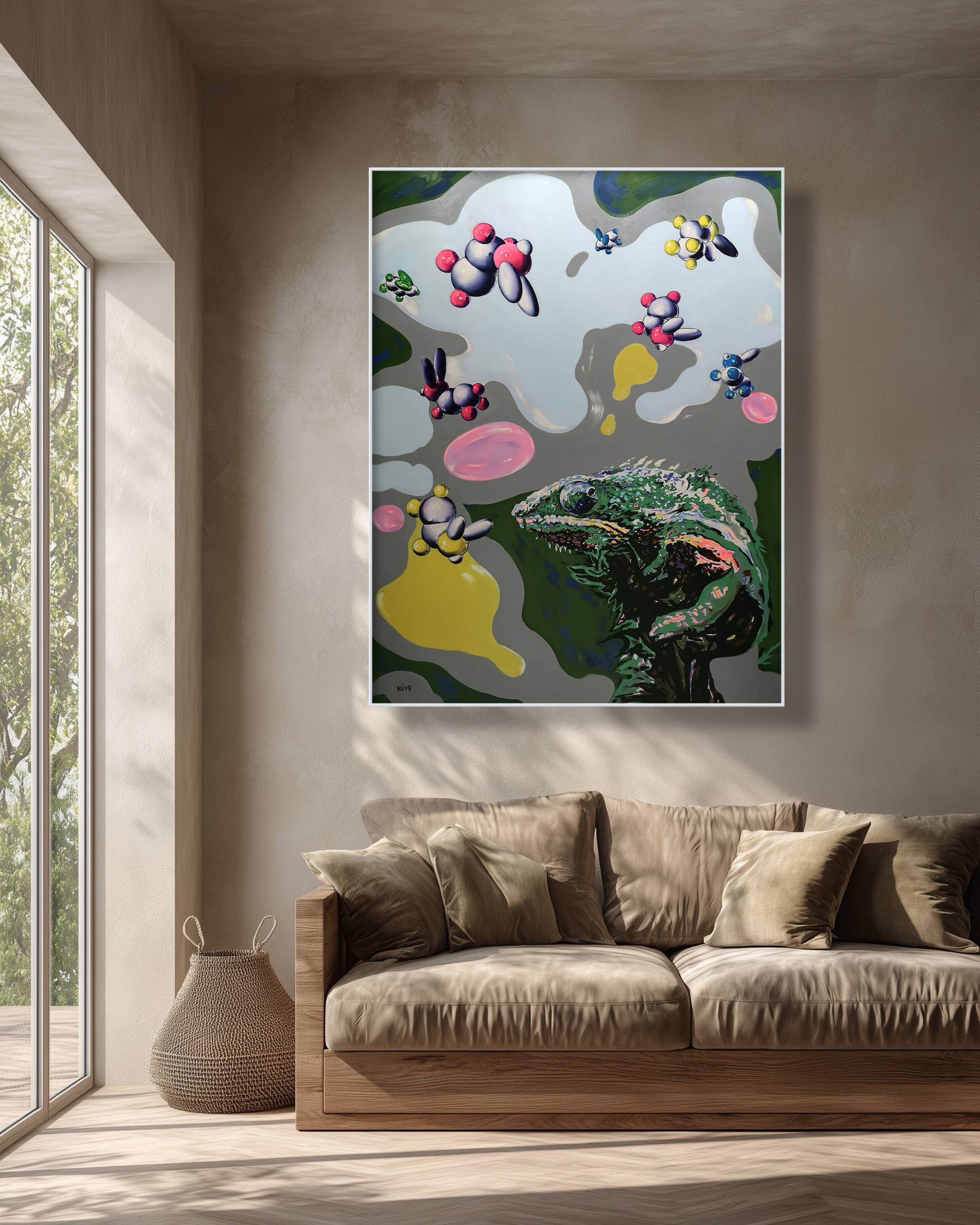 Abstract painting on a wall above a beige sofa in a modern living room.