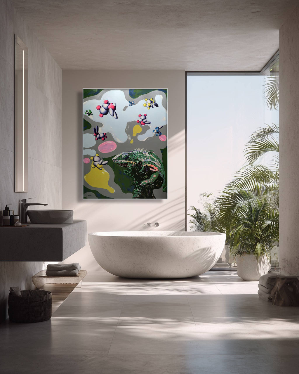 Modern bathroom with a white freestanding bathtub, sink, and colorful abstract art on the wall.