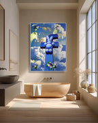 Modern bathroom with a large abstract painting on the wall