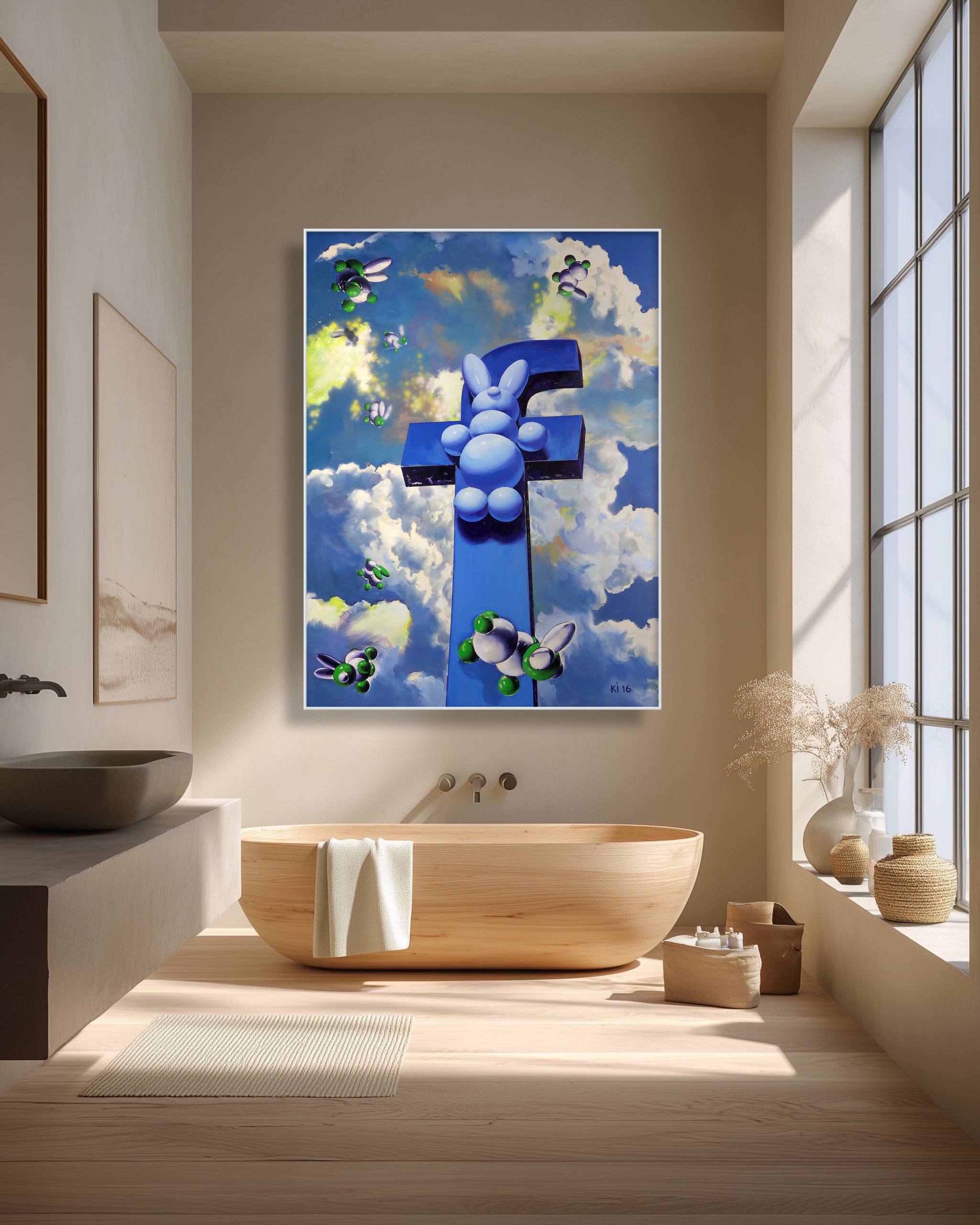 Modern bathroom with a large abstract painting on the wall