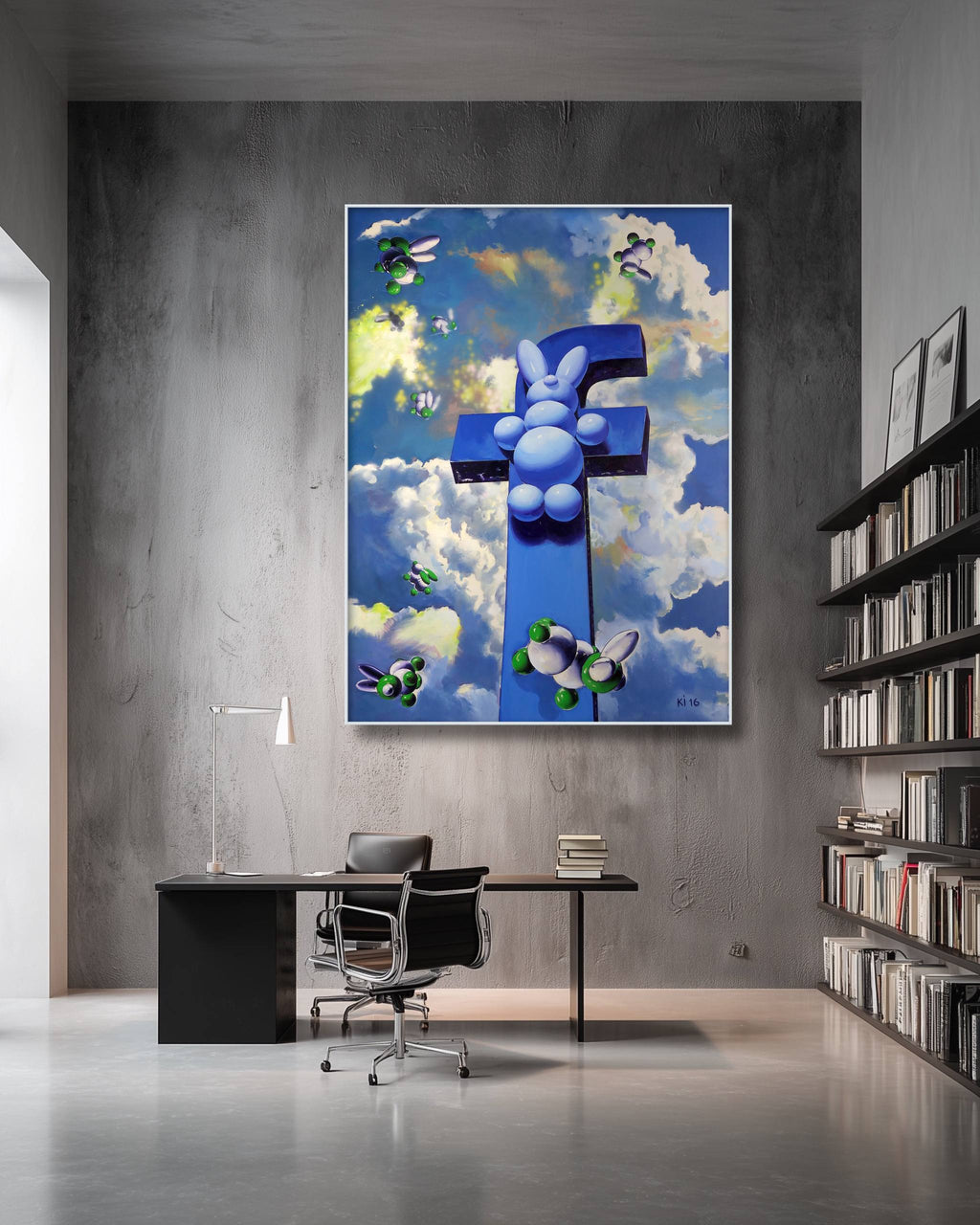 Modern office interior with a large abstract painting on the wall.