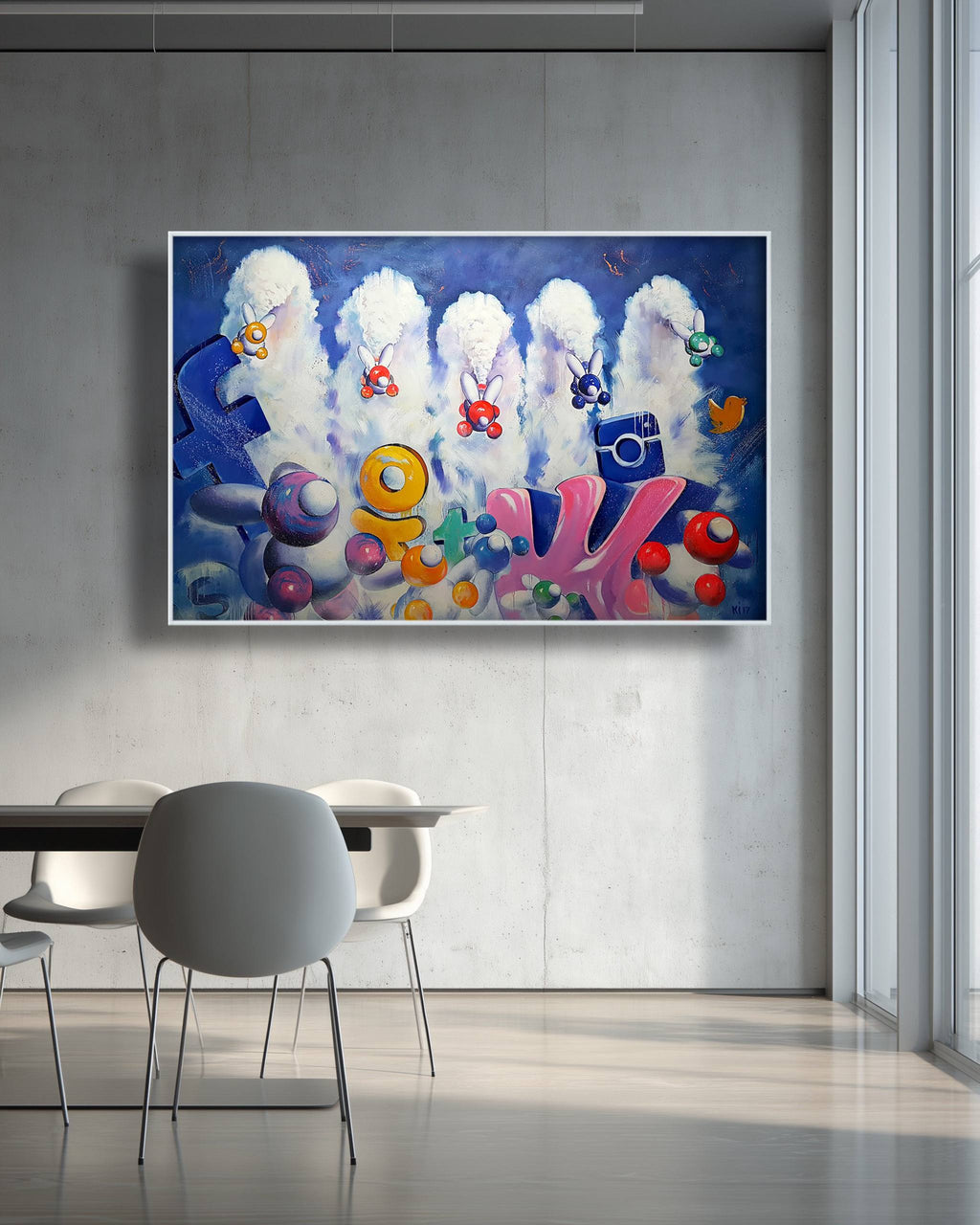 Colorful abstract painting on a wall above a dining table with chairs.