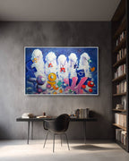 Colorful abstract painting on a wall above a desk with books and decor.