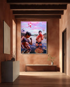 Artistic depiction of two figures in water with a colorful sky, hanging on a wall in a room.