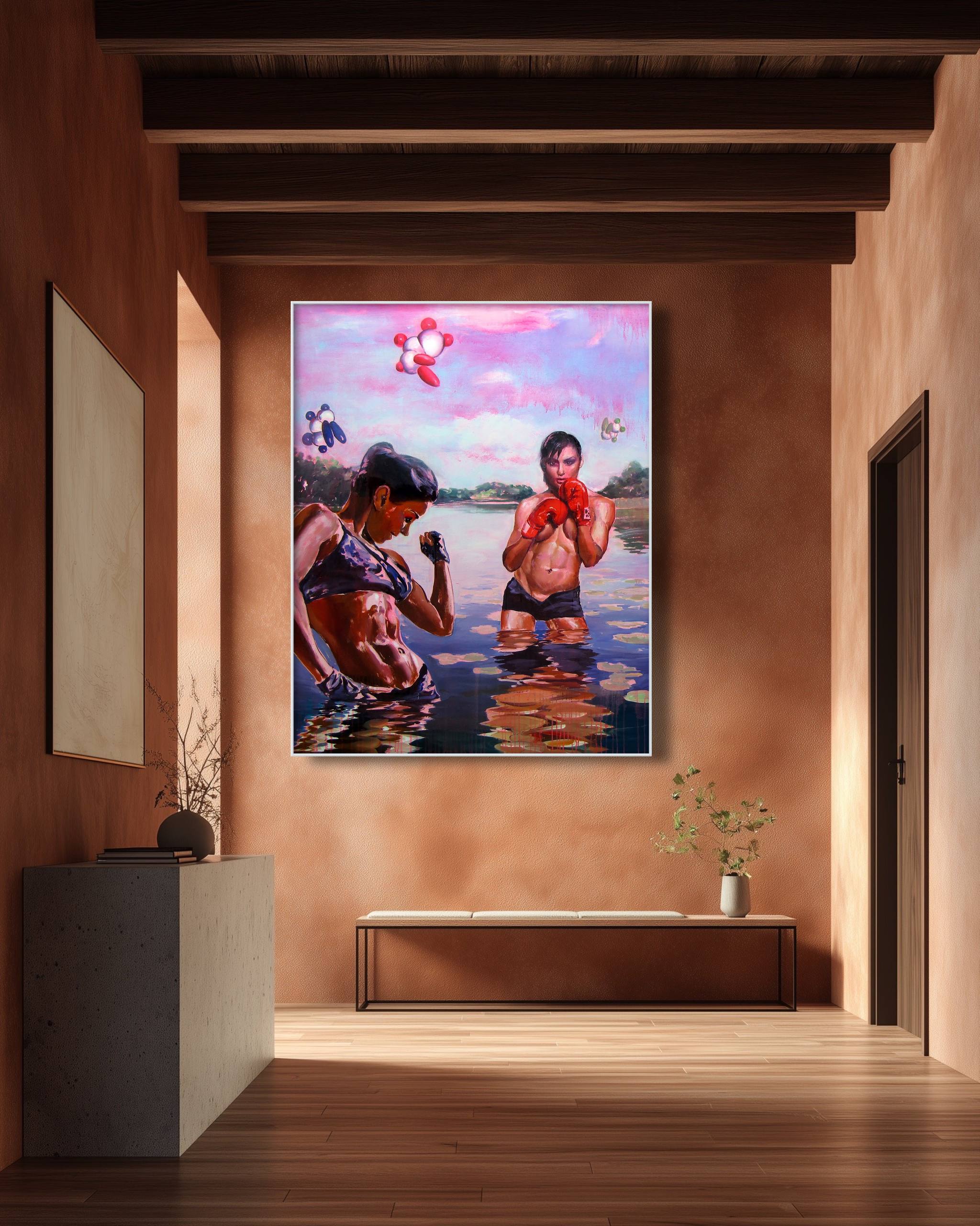 Artistic depiction of two figures in water with a colorful sky, hanging on a wall in a room.