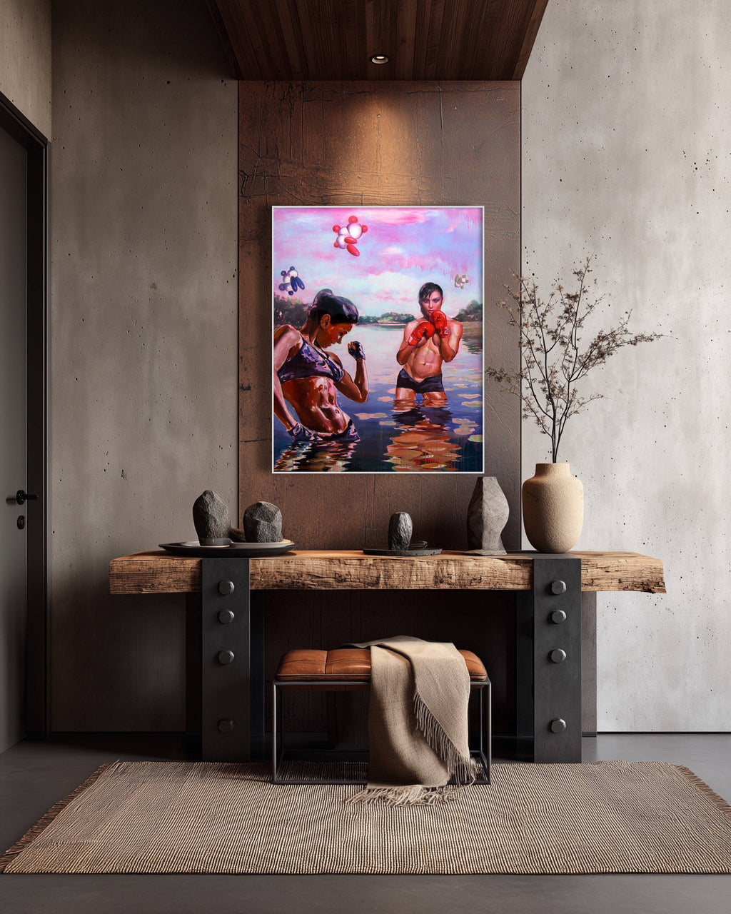 Modern interior with a wooden console table, decorative items, and a colorful painting on the wall.