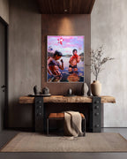 Modern interior with a wooden console table, decorative items, and a colorful painting on the wall.