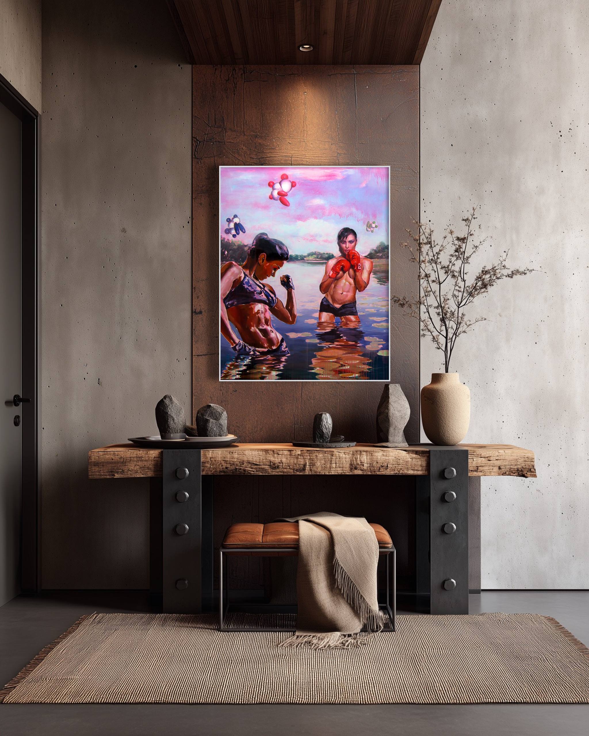 Modern interior with a wooden console table, decorative items, and a colorful painting on the wall.