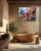 Bathroom interior with a wooden bathtub, plant, and abstract painting on the wall.
