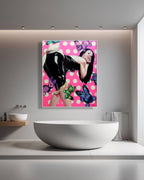 Bathroom with a modern white freestanding bathtub and a colorful painting of a woman on a pink polka dot background.