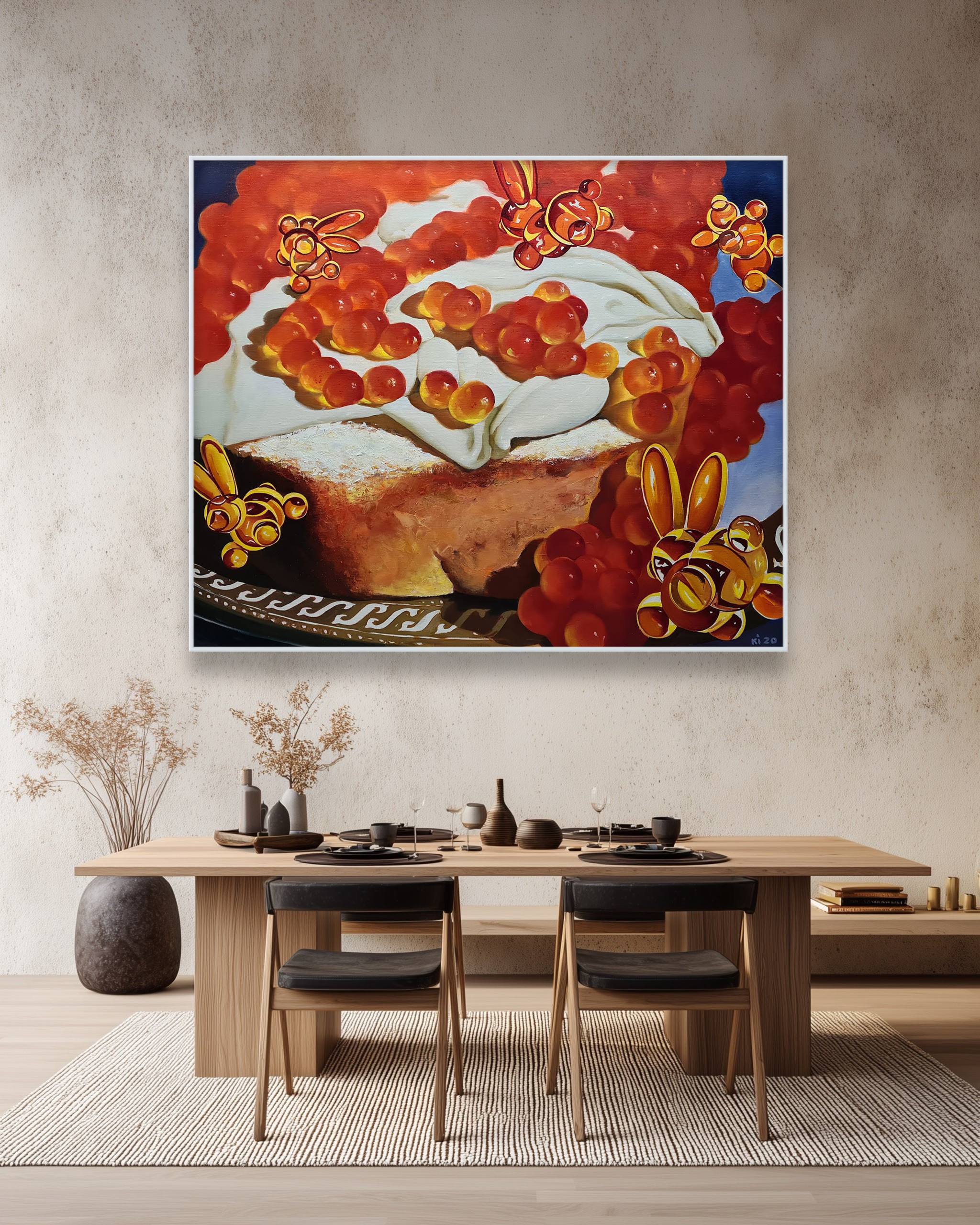 Dining room with a large abstract painting of a cake on the wall