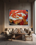 Modern dining room with a large abstract painting on the wall