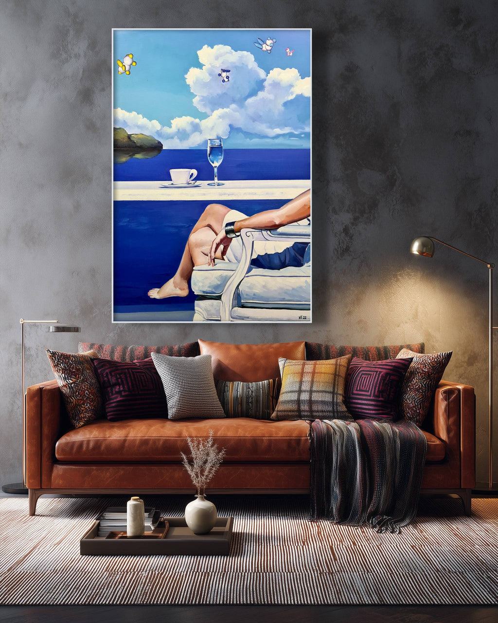 Living room with a large painting of a beach scene above a brown sofa.