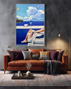 Living room with a large painting of a beach scene above a brown sofa.