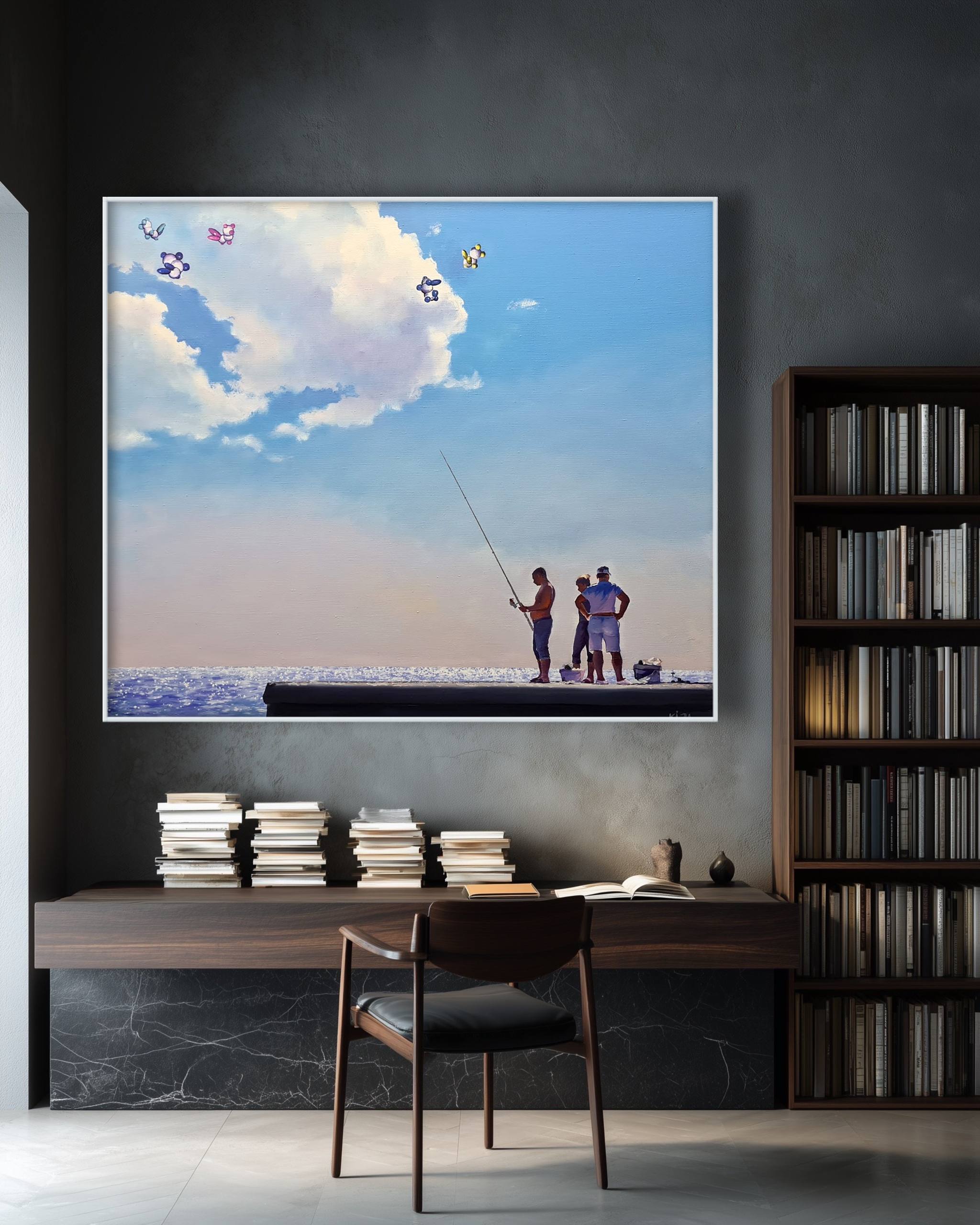 Framed artwork of a family fishing scene on a wall above a desk.