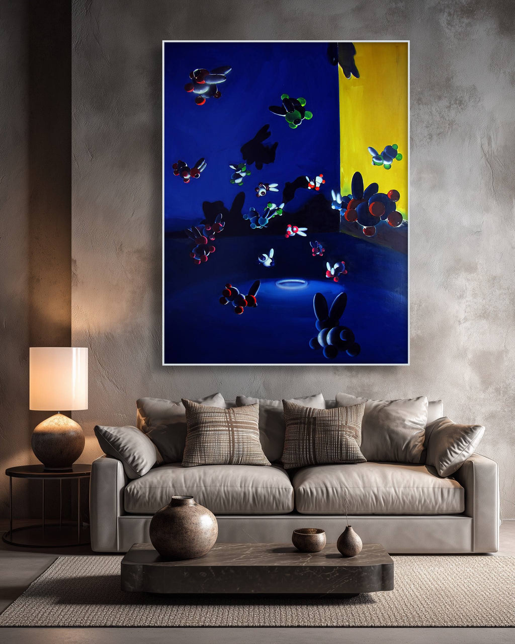 Living room with a large abstract painting of butterflies on the wall above a sofa.