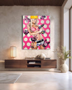 Modern interior with a painting of a woman in a hard hat and pink polka dot background.
