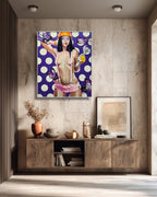 Modern interior with a painting of a woman in a polka dot dress on a wall.