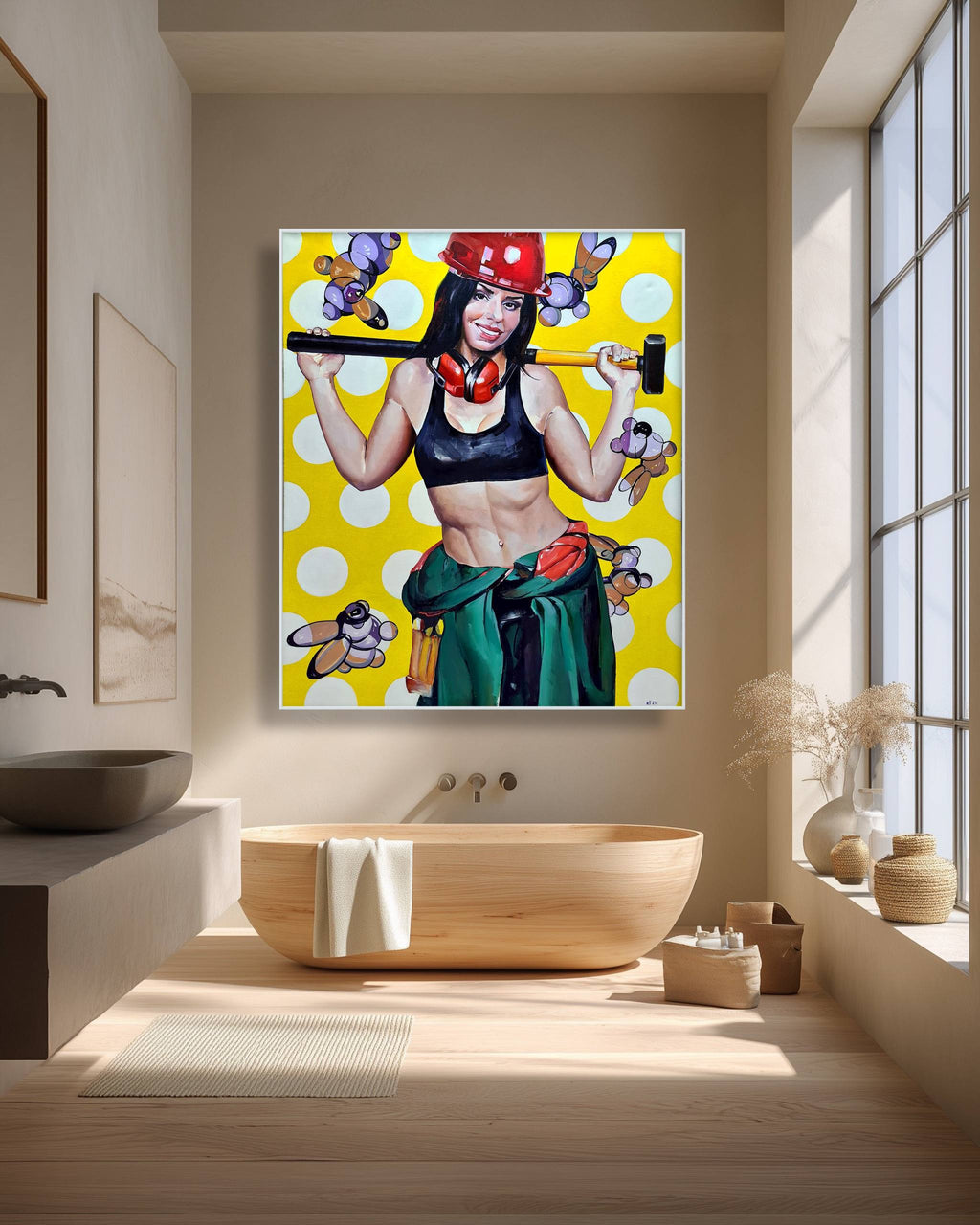 Bathroom with a colorful painting of a woman holding a hammer on a yellow polka dot background.