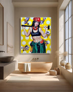 Bathroom with a colorful painting of a woman holding a hammer on a yellow polka dot background.