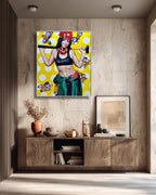 Framed artwork of a woman holding a hammer on a yellow background, displayed in a modern interior setting.