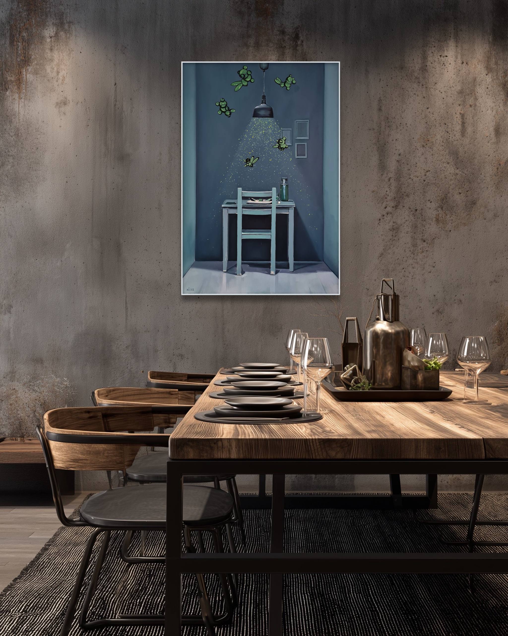 Dining room with a long wooden table set for dinner, chairs, and a wall art piece.