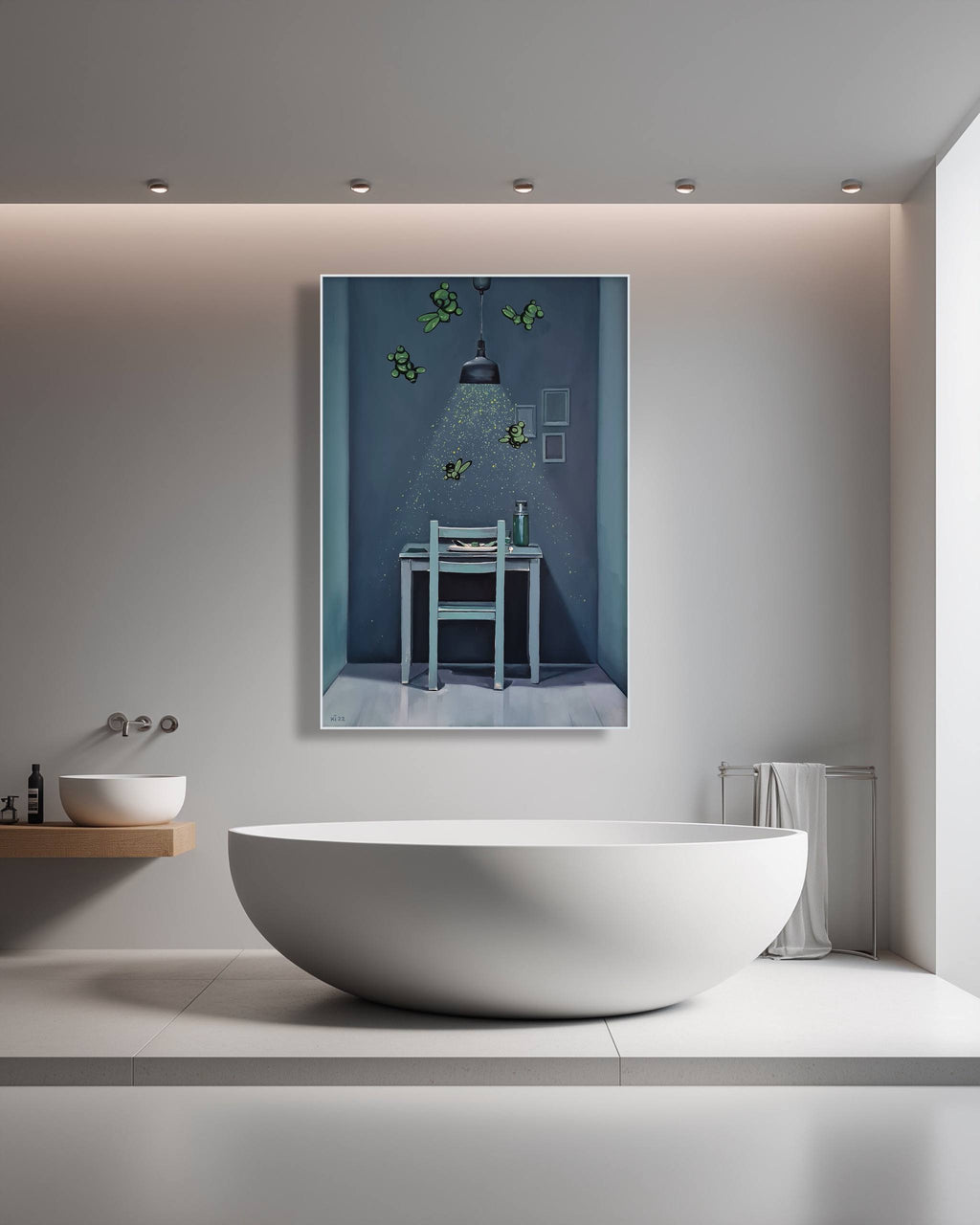 Modern bathroom with a freestanding bathtub, mirror, and minimal decor.