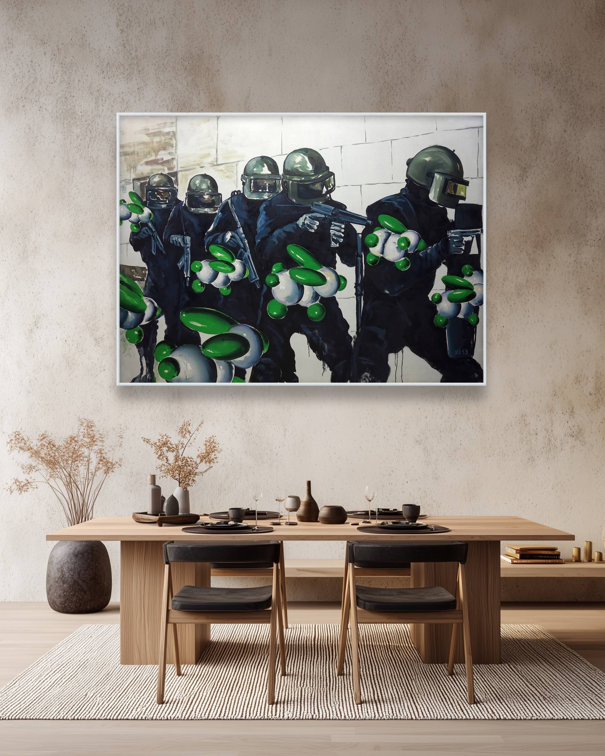 Dining room with a large framed artwork of police officers on the wall.