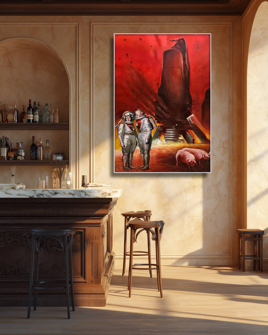 Artistic depiction of astronauts and a large alien figure in a bar setting.