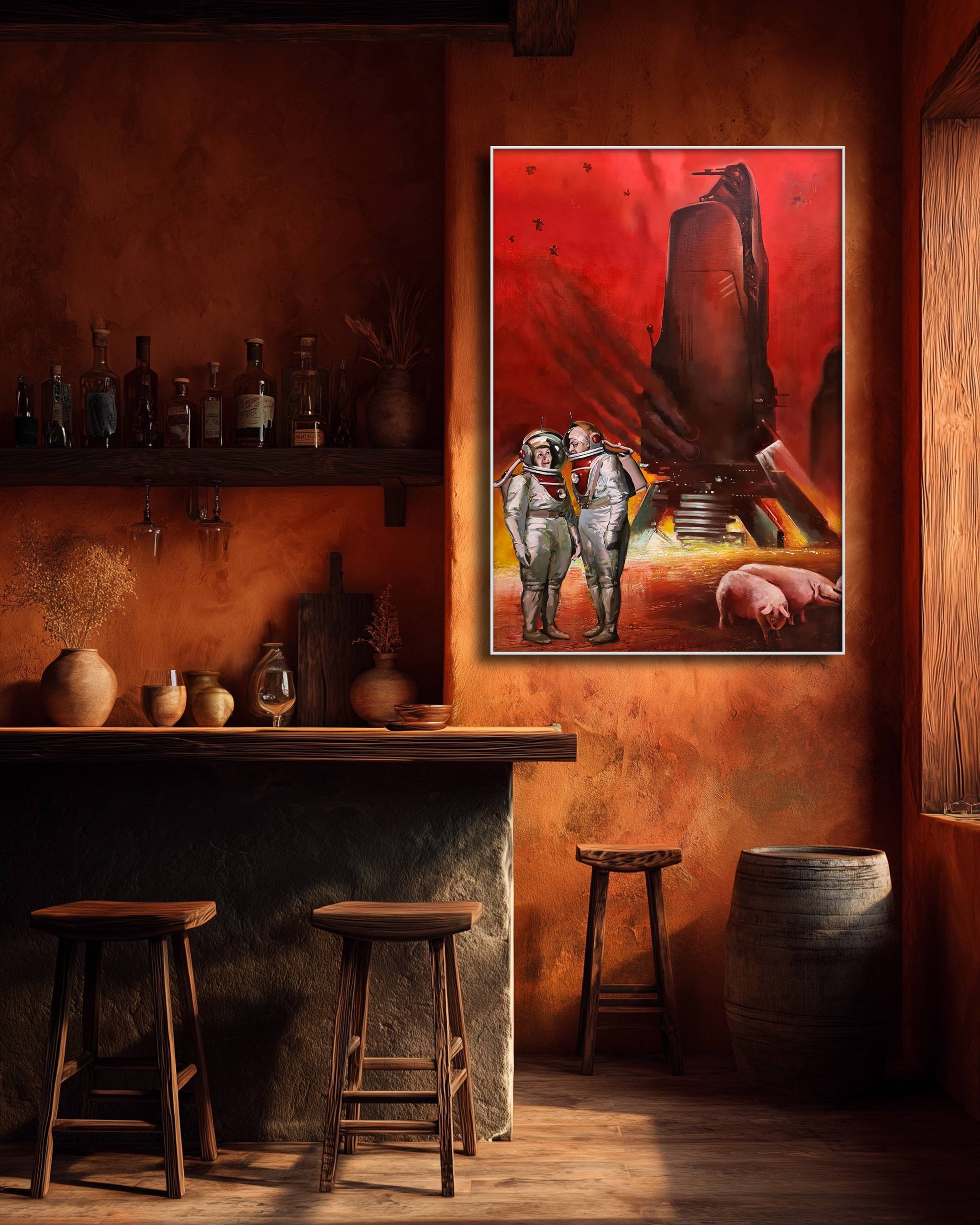 Bar area with a large framed artwork on the wall, wooden stools, and shelves with bottles.