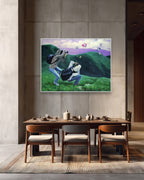 Dining room with a large painting of two people on a hillside above a wooden table.