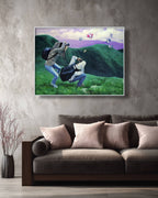 Framed artwork of a golfer on a green hillside with a purple sky, displayed above a brown sofa.