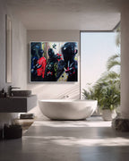 Modern bathroom with a large white freestanding bathtub, sink, and abstract artwork on the wall.