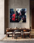 Dining room with a wooden table and chairs, featuring a colorful abstract painting on the wall.