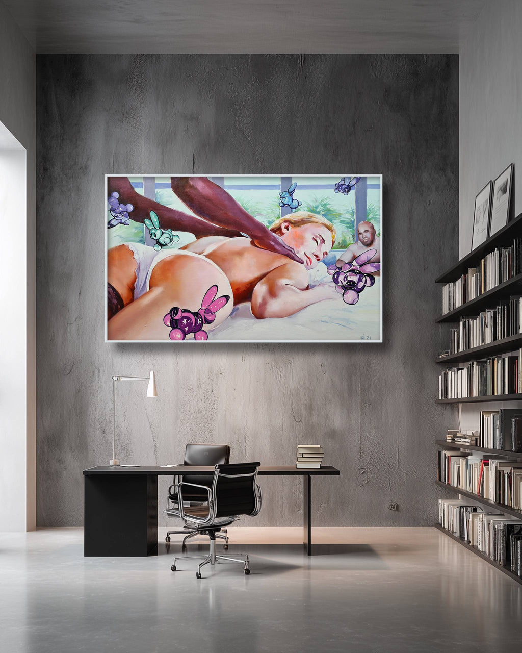 Modern office interior with a large painting on the wall